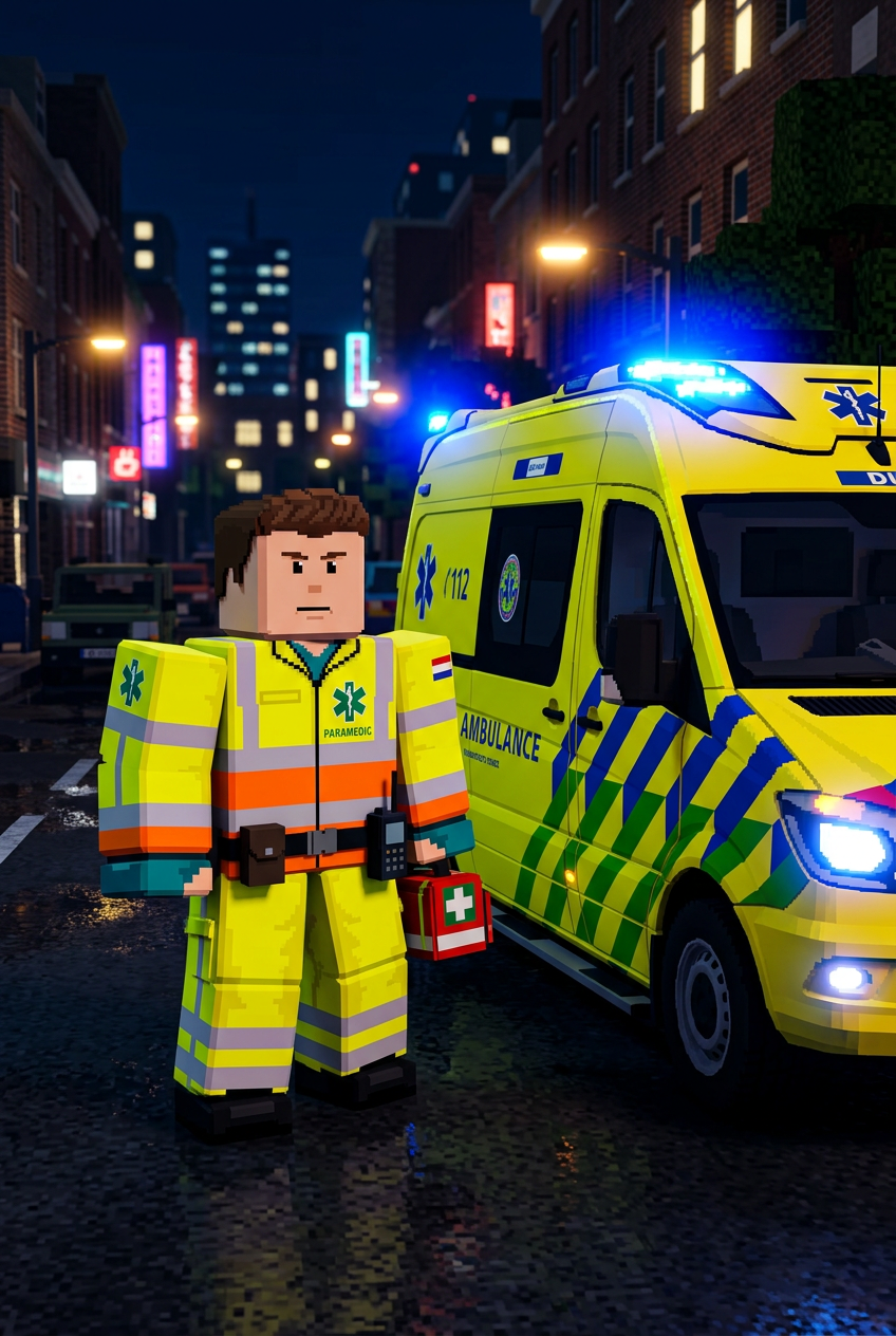 Roblox-ambulancemedewerker naast een gele Nederlandse ambulance